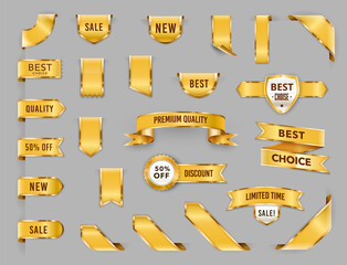 Golden labels, luxury ribbons, premium banners and bookmarks, vector gold badges and tags. Premium quality golden labels of best choice product, sale and discount promotion or limited time promo offer