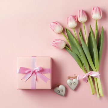 Gift box with pink tulips on pink background. Flat lay, top view