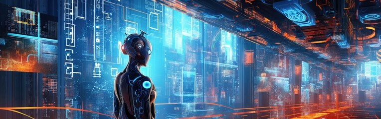 Future scenario, Futuristic scenery, Panorama, Science fiction scene, Sci-fi setting. IN THE CORRIDORS OF TIME. Robot walking. Cyborg generated to live for indefinite time. Generative AI
