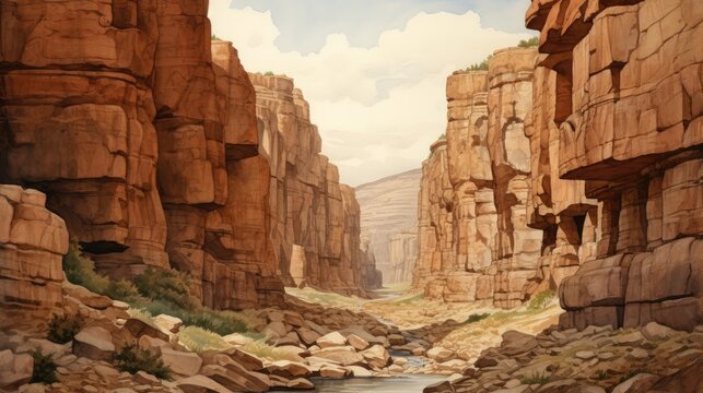 Tranquil canyons stretch across the horizon, their rugged walls carved by the patient hand of time, revealing layers of history etched in stone. Watercolor Painting. Generative AI