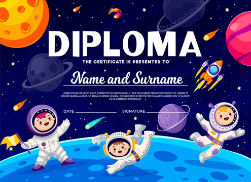 Kids astronaut diploma. Cartoon boys and girl astronauts on space planet surface in starry galaxy. Appreciation certificate, vector award frame template for astronomy science learning achievements