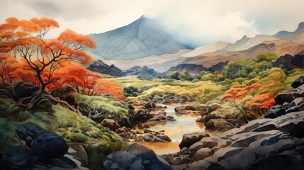 Volcanic landscapes reveal their fiery origins, rugged lava fields contrasting against the vivid greenery that dares to take root and thrive. Watercolor Painting. Generative AI