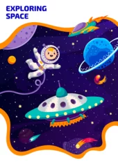 Fotobehang Space poster, cartoon kid astronaut and UFO in outer space, rocket and planets, vector background. Kid spaceman in galaxy world with alien spaceship, extraterrestrial space planets exploration © Vector Tradition