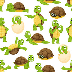 Cartoon turtle personages seamless pattern. Cute reptile animal character textile print, cheerful tortoise personage wrapping paper vector wallpaper. Funny turtle mascots fabric background
