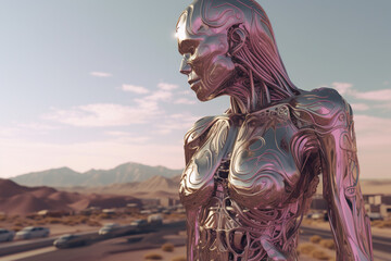Crome robot woman portrait in the city. Artificial intelligence rise and shiny. Mechanical beauty. Generated AI.