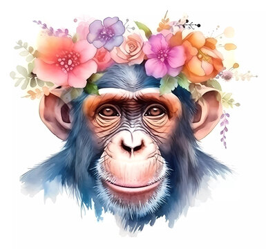 Watercolor cute chimpanxee head painting with boho floral wreath. Jungle animal illustration. on white background.