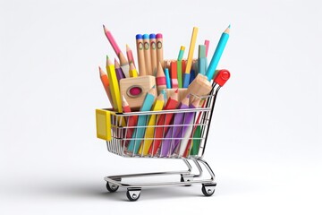 Shopping cart full of colored pencils isolated on white background