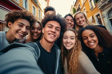 Obraz premium youth people take selfie photo group, idea for people diversity live happily with great friendship, Generative Ai
