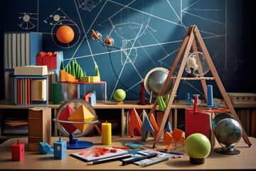 School classroom interior with globe, books, stationery and science equipment