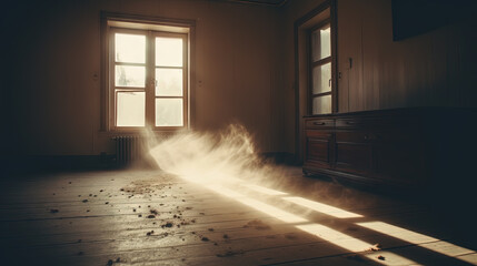 Dusty room with old distressed windows and sun rays. Abandoned grungy interior with lights in the dust. Generated AI.