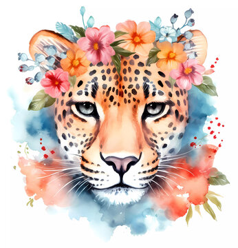 Cute leopard head painting with boho floral wreath. Jungle animal watercolor illustration on white background.