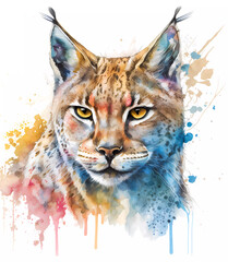 Watercolor colorful lynx cat head painting. Realistic animal illustration on white background.