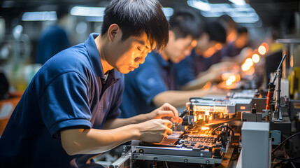 Asian male worker working on an assembly or repair line in a factory. Cheap labor in china - obrazy, fototapety, plakaty