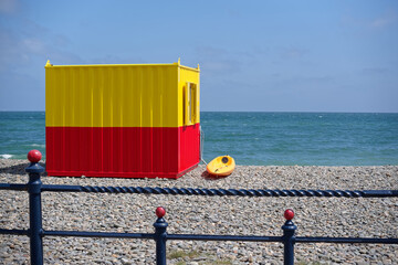 Lifeguard house on pebble beach in Bray, Ireland