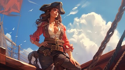 cartoon illustration of brave female pirate captain with blue sky background, generative Ai