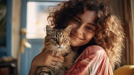 woman hug her tabby cat in arms, Generative Ai - obrazy, fototapety, plakaty