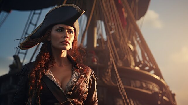 Brave Woman Pirate Captain Of Naval Fleet, Fantasy Portrait, Generative Ai