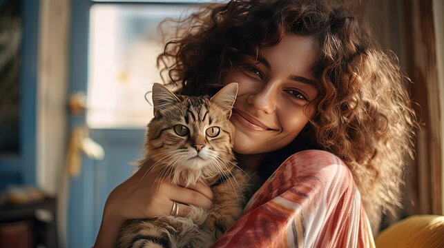 woman hug her tabby cat in arms, Generative Ai