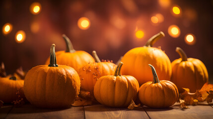 Generative AI illustrations, Halloween or Thanksgiving background with fresh fall pumpkins on straw