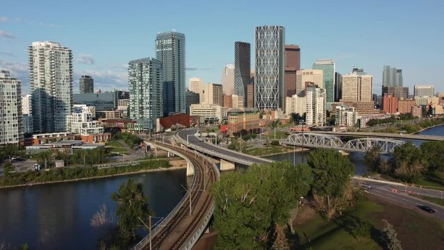 Aerial view of Calgary's urban city centre on a beautiful summer morning, 