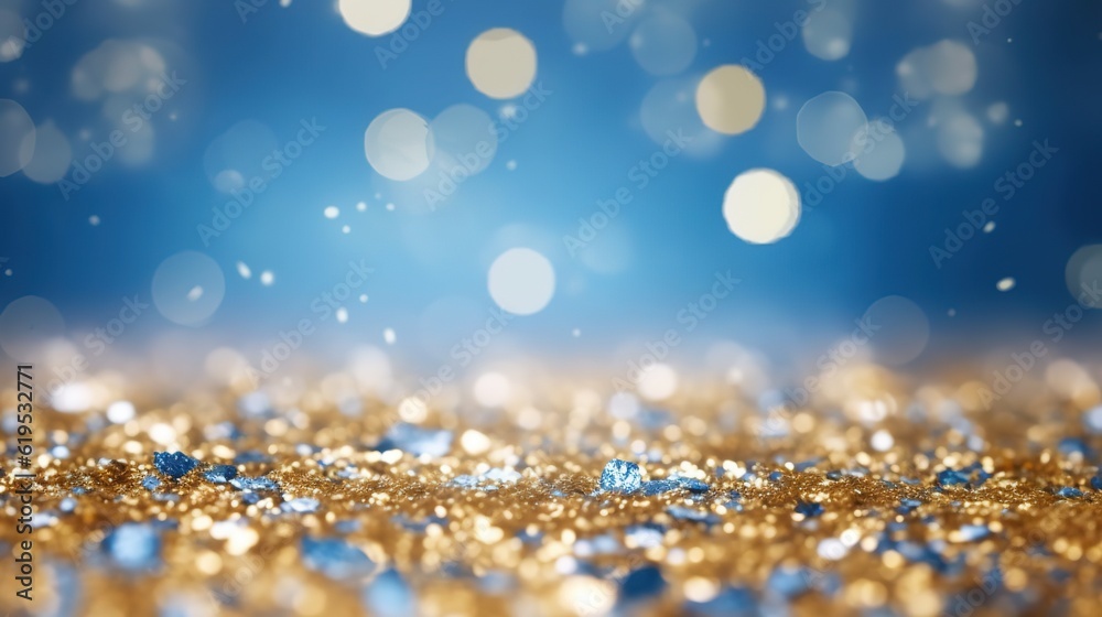 Sticker background with bokeh. abstract defocused gold and blue glitter background. generative ai