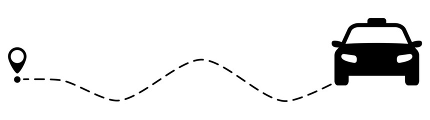 Taxi route with location pin. Automobile silhouette driving on dotted path. Journey and travel concept. Vector illustration isolated on white.	