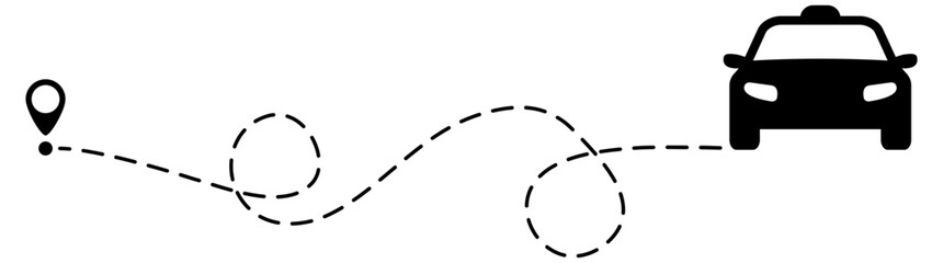 Obraz premium Taxi route with location pin. Automobile silhouette driving on dotted path. Journey and travel concept. Vector illustration isolated on white. 