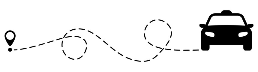 Obraz premium Taxi route with location pin. Automobile silhouette driving on dotted path. Journey and travel concept. Vector illustration isolated on white. 