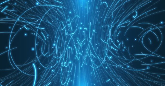 Animation of the flight of charged particles in a magnetic field. Tracks of particles in a bubble chamber. An abstract tangle of growing threads.