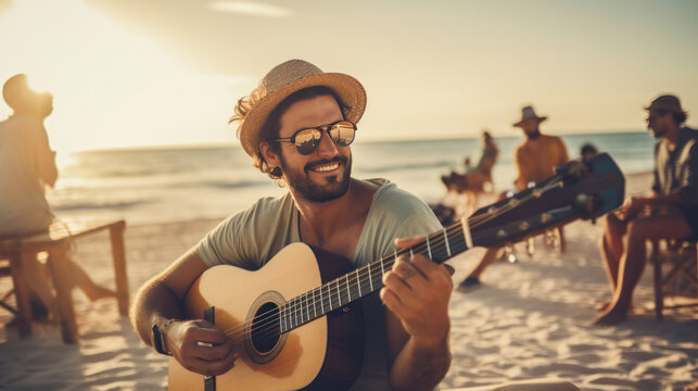 Handsome young man wearing sunglasses and playing guitar on fence near beach.  Generative Ai