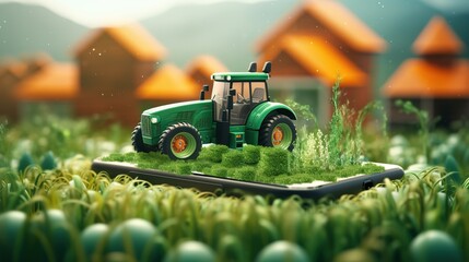 The concept of smart farming, a tractor on a smartphone, advertising online management of the company