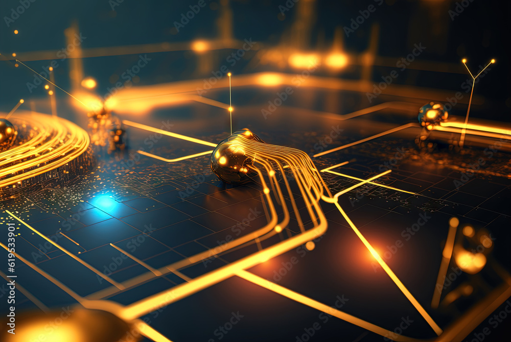 Aufkleber Abstract science and technology background with shiny connection elements and sci-fi intefrace. Tech abstraction wallpaper. Generated AI.