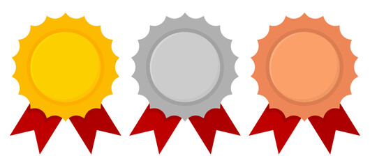 Golden, silver and bronze medals set. Award badge with red ribbons collection. Vector illustration isolated on white.