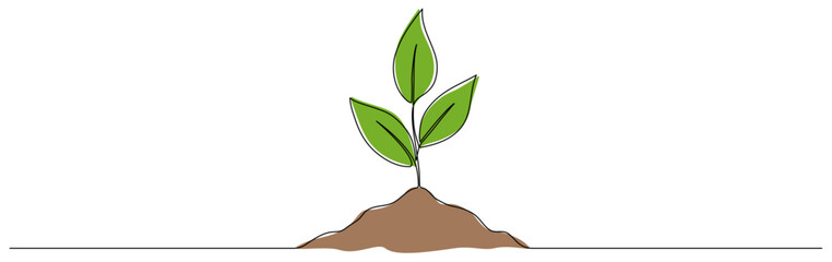Leaves sprout with ground continuous line drawing. Plant branch growth one line art. Vector illustration isolated on white.