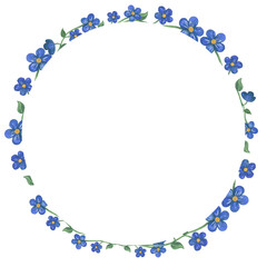 Watercolor illustration of blue flowers round frame. Made by hand on a transparent background. For the design and decoration of souvenirs, posters, postcards, prints.