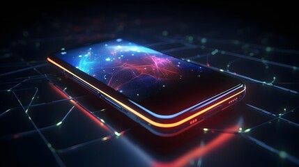 High technology smart phone with neon light demonstrate for new technology for Ai Generative.  
