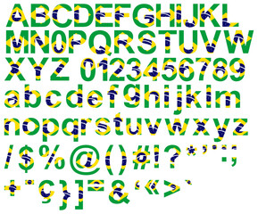 Uppercase and lowercase alphabet, numbers, symbols and signs with brazilian flag texture on white background. Vector illustration. flag patriotic font.
