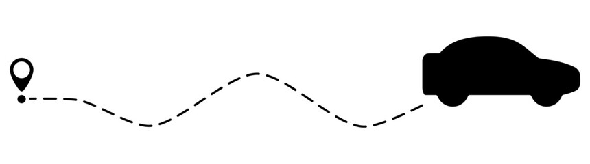 Car route with location pin icon. Automobile silhouette driving on dotted path. Journey and travel concept. Vector illustration isolated on white.