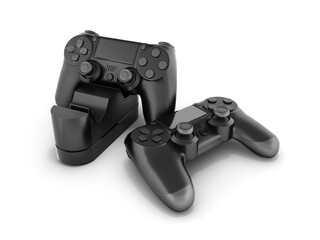 Two black gamepads at the docking station 3d rendering