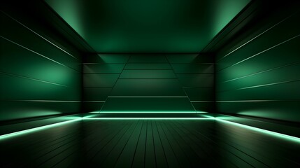 Empty geometrical Room in Forest Green Colors with beautiful Lighting. Futuristic Background for Product Presentation.