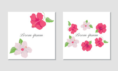 Vector square card template with bright pink hibiscuses - 619535117