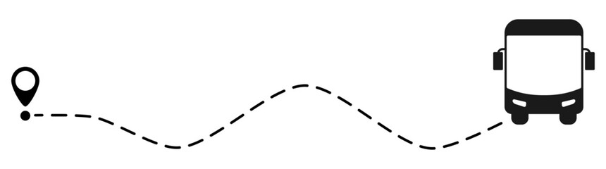 Bus route with location pin. Public transport silhouette driving on dotted path. Journey and travel concept. Vector illustration isolated on white.