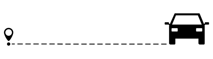 Car route with location pin icon. Automobile silhouette driving on dotted path. Journey and travel concept. Vector illustration isolated on white.