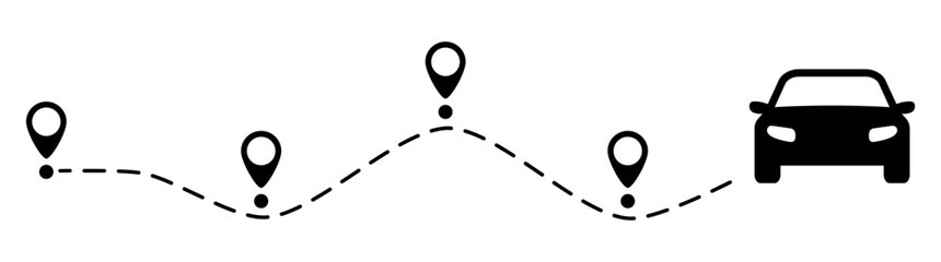 Obraz premium Car route with location pin icon. Automobile silhouette driving on dotted path. Journey and travel concept. Vector illustration isolated on white.