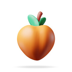 3D Fresh Peach with Green Leaves Isolated on White. Render Cartoon Peach Fruit. Nectarine Organic Healthy Food. Vegetarian Nutrition. Realistic Vector Illustration
