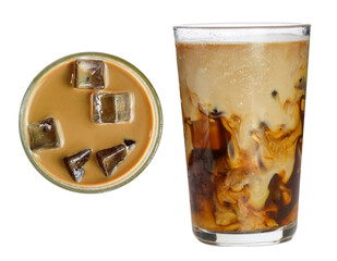 Glass of iced coffee latte from sideview and top view isolated clipping path on white background.	
