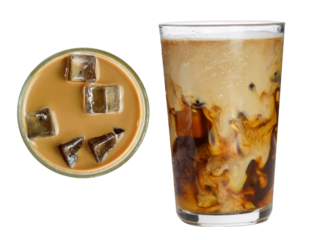 Glass of iced coffee latte from sideview and top view isolated clipping path on white background.	
