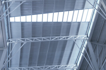 Large steel structure truss, Roof frame and metal sheet in building construction site.