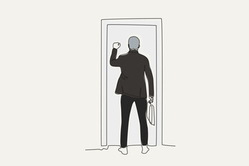 Colorful illustration of a business man knocking on the door. Work obstacle one-line drawing