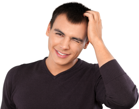 Young smile man holding his head